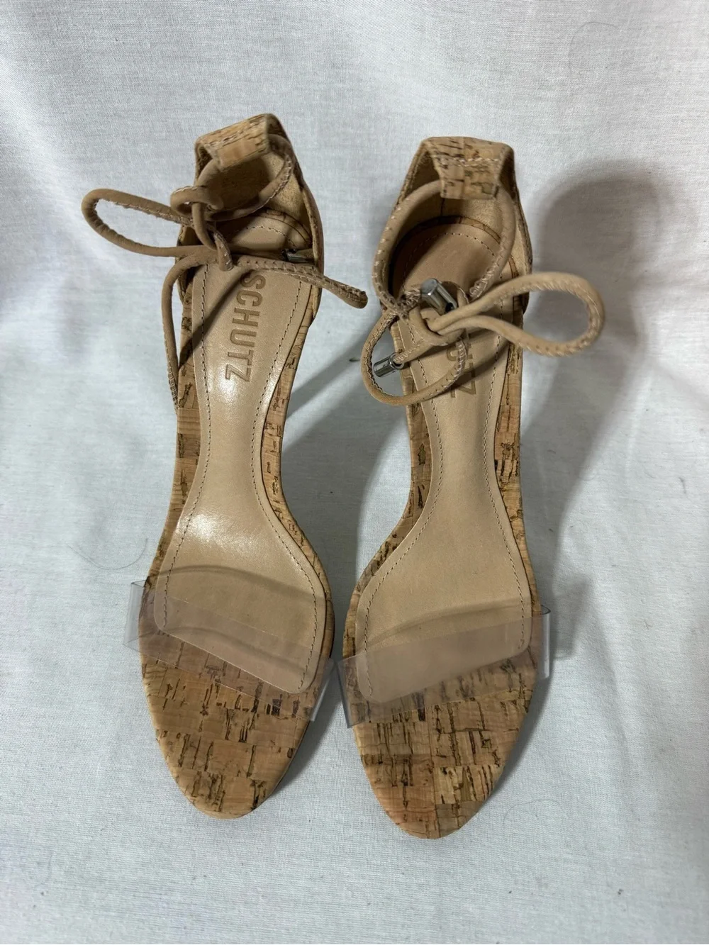 Schutz Tan Cork Ankle-Tie Stiletto Sandals with Clear Strap Size 7.5